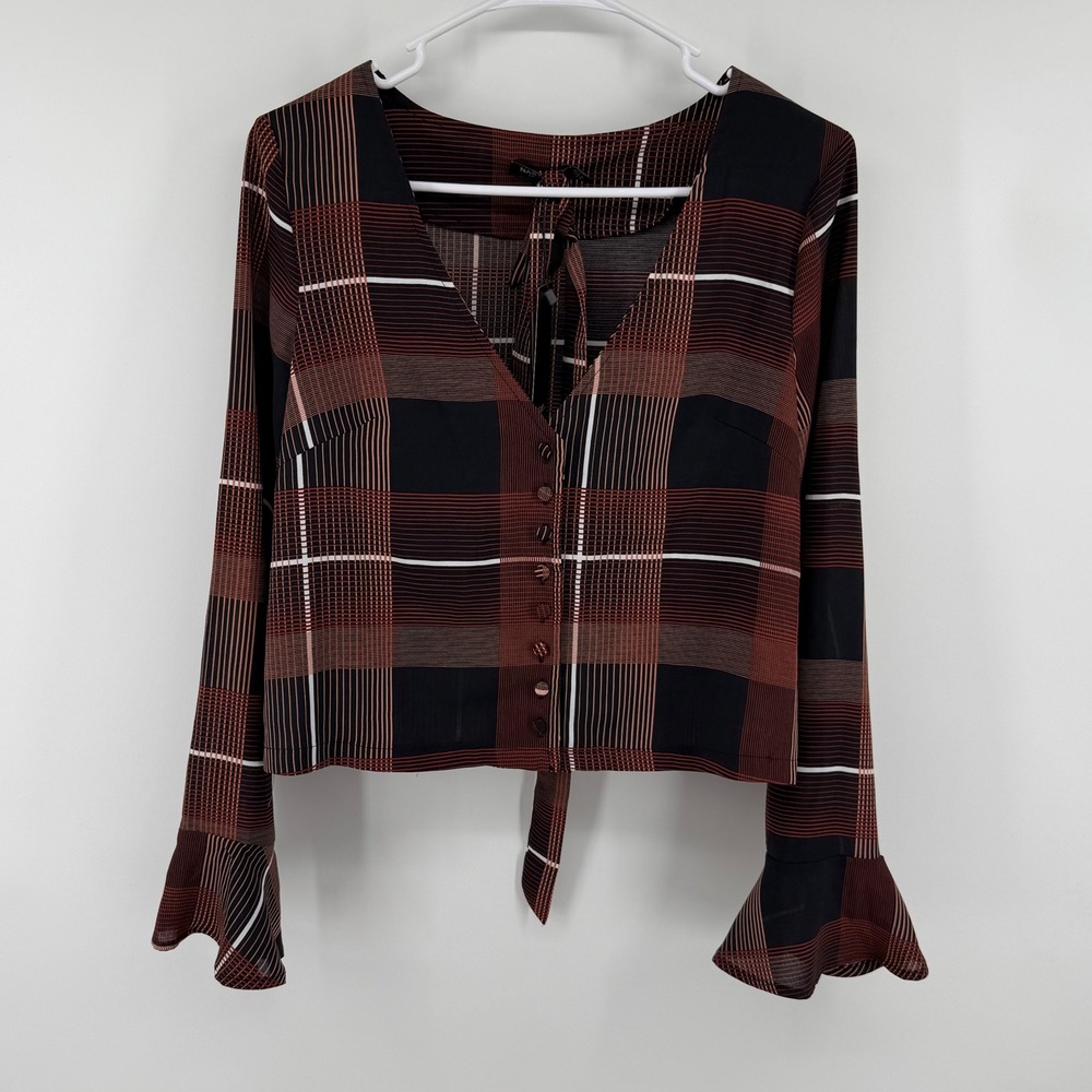 Nasty Gal Satin‎ Tie Neck Blouse Rust Plaid Button Front Bell Cuff Top US 4 NEW